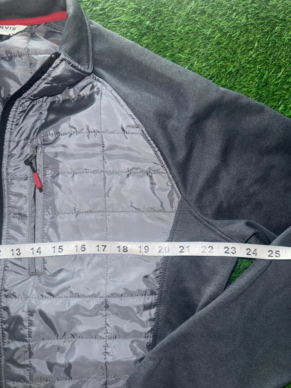 Orvis Gray and Black Quilted Hybrid Jacket with Red Trim